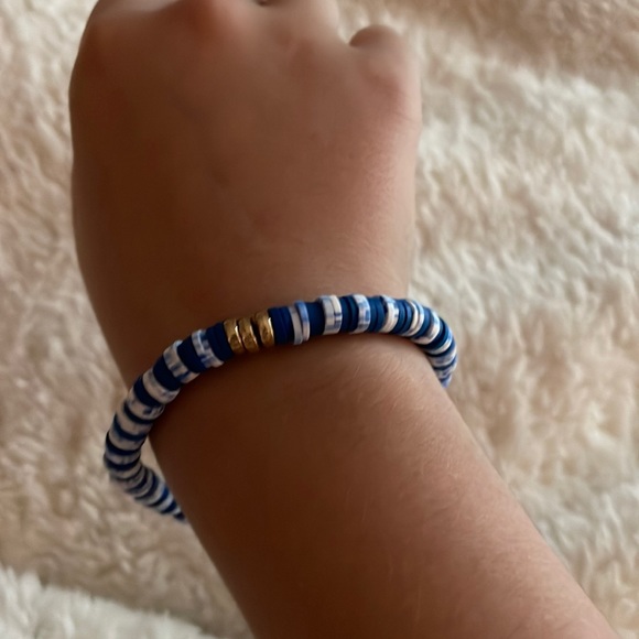 Tie-dye, white and blue and navy blue with gold circle beads - Picture 1 of 2